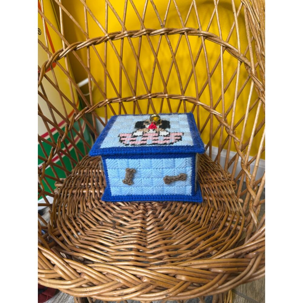 Baby blue dog bone treat  Box Holder Cover Cross Stitch Handmade